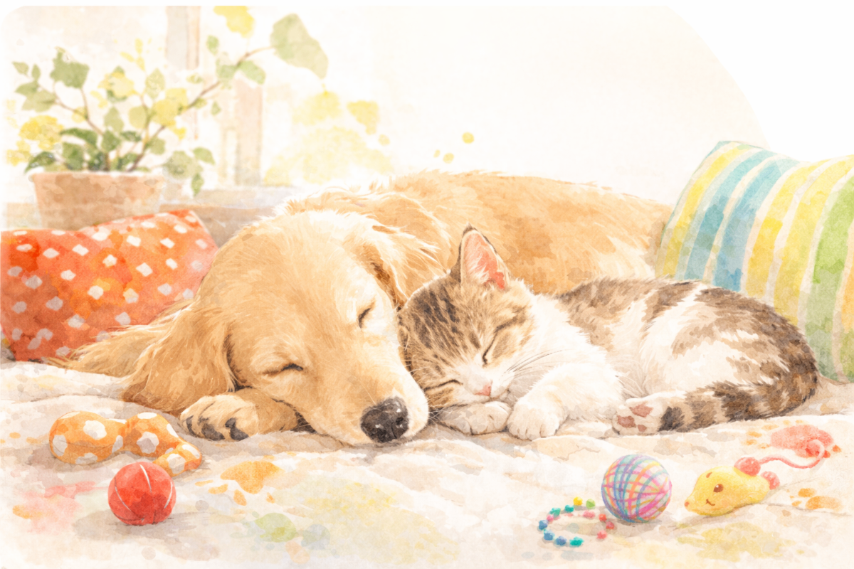 仲良く横になる犬と猫