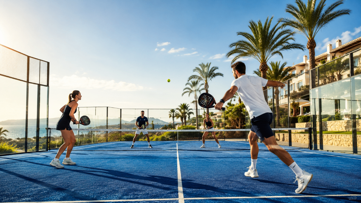 Padel court with players in action at a stunning holiday destination
