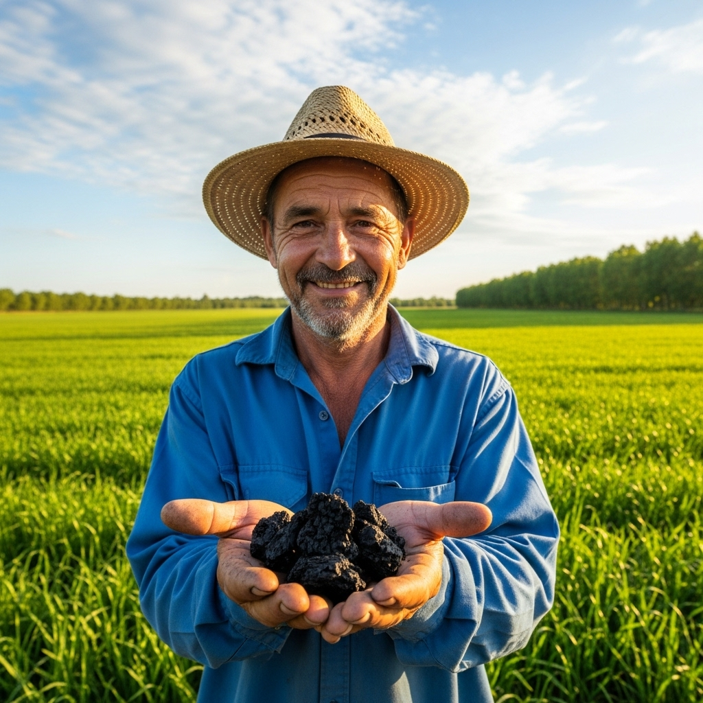 Farmer holding premium biochar