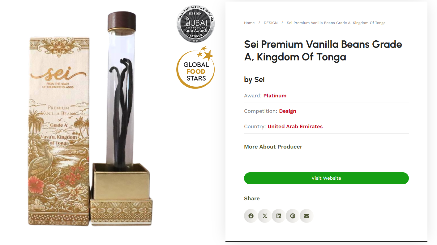 Sei Premium Vanilla Beans from Kingdom of Tonga Wins Platinum Award for Packaging Design at Dubai International Taste Awards 2026