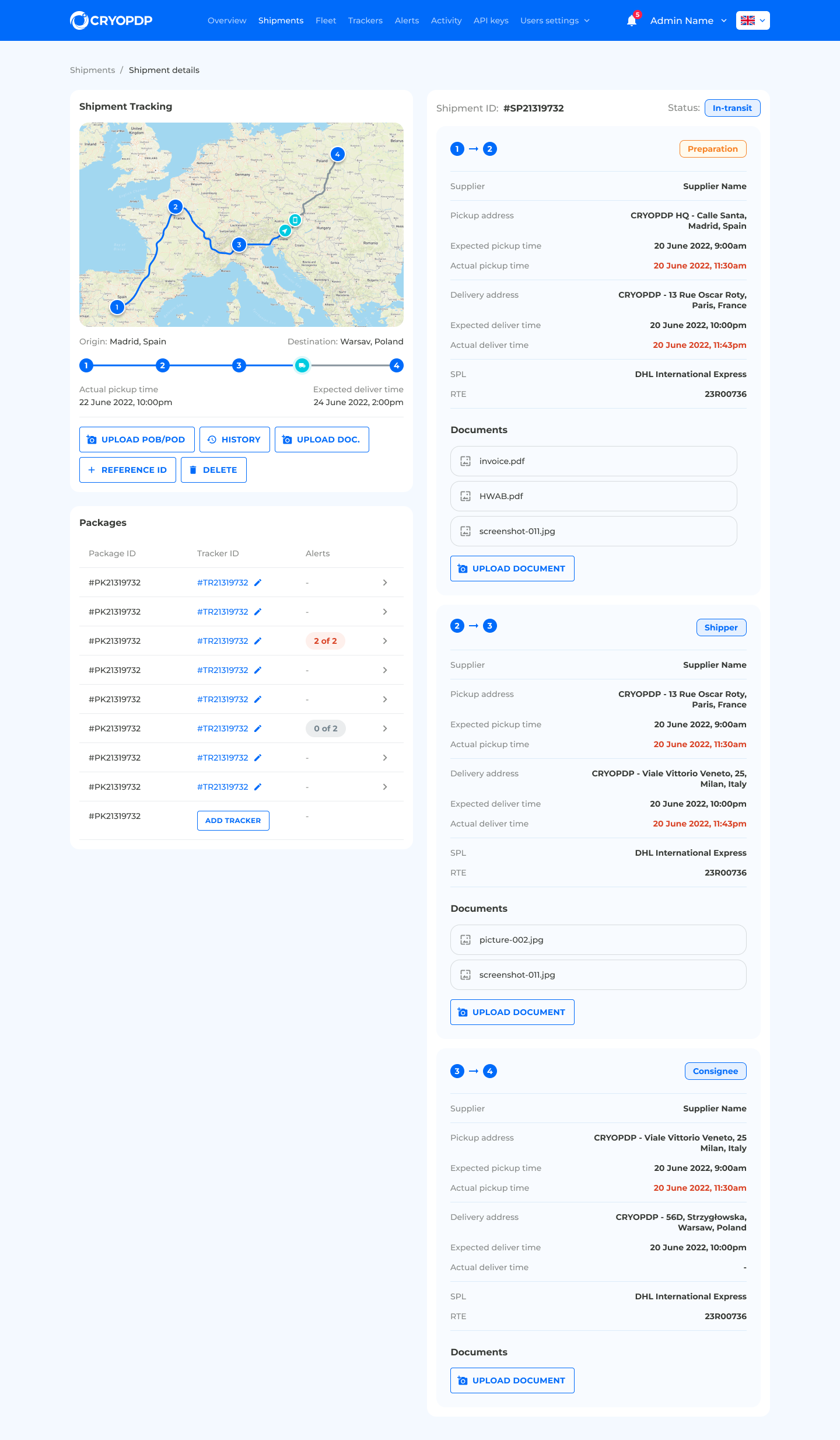 Desktop Admin Platform — Shipments details