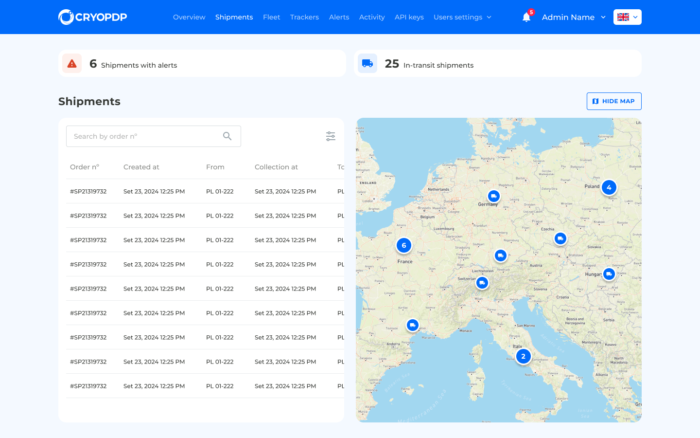 Desktop Admin Platform — Shipments list and map view
