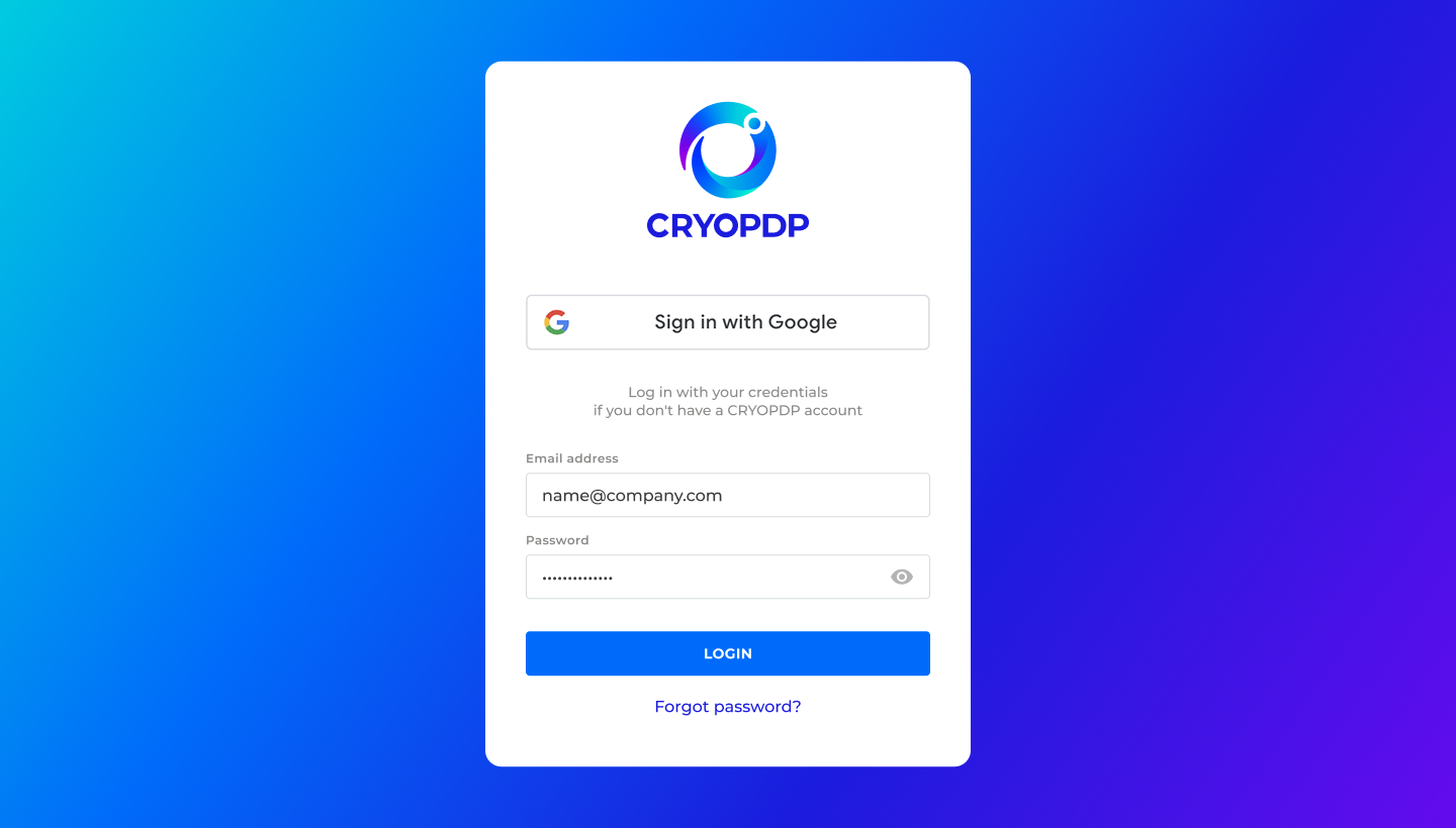 CRYOPDP Desktop Admin Platform — Login screen with secure authentication