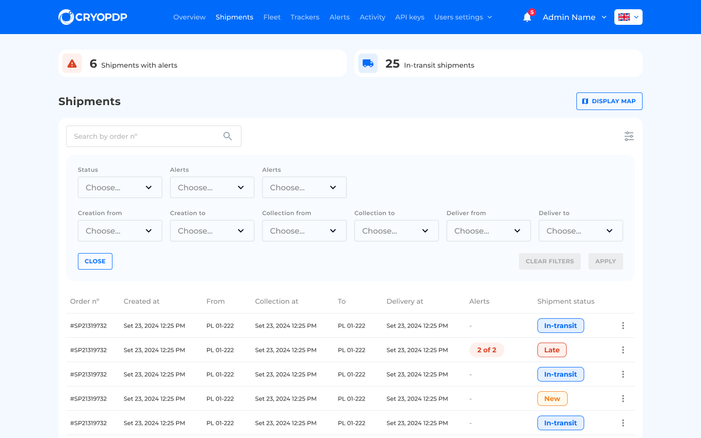 Desktop Admin Platform — Shipments list and filters view