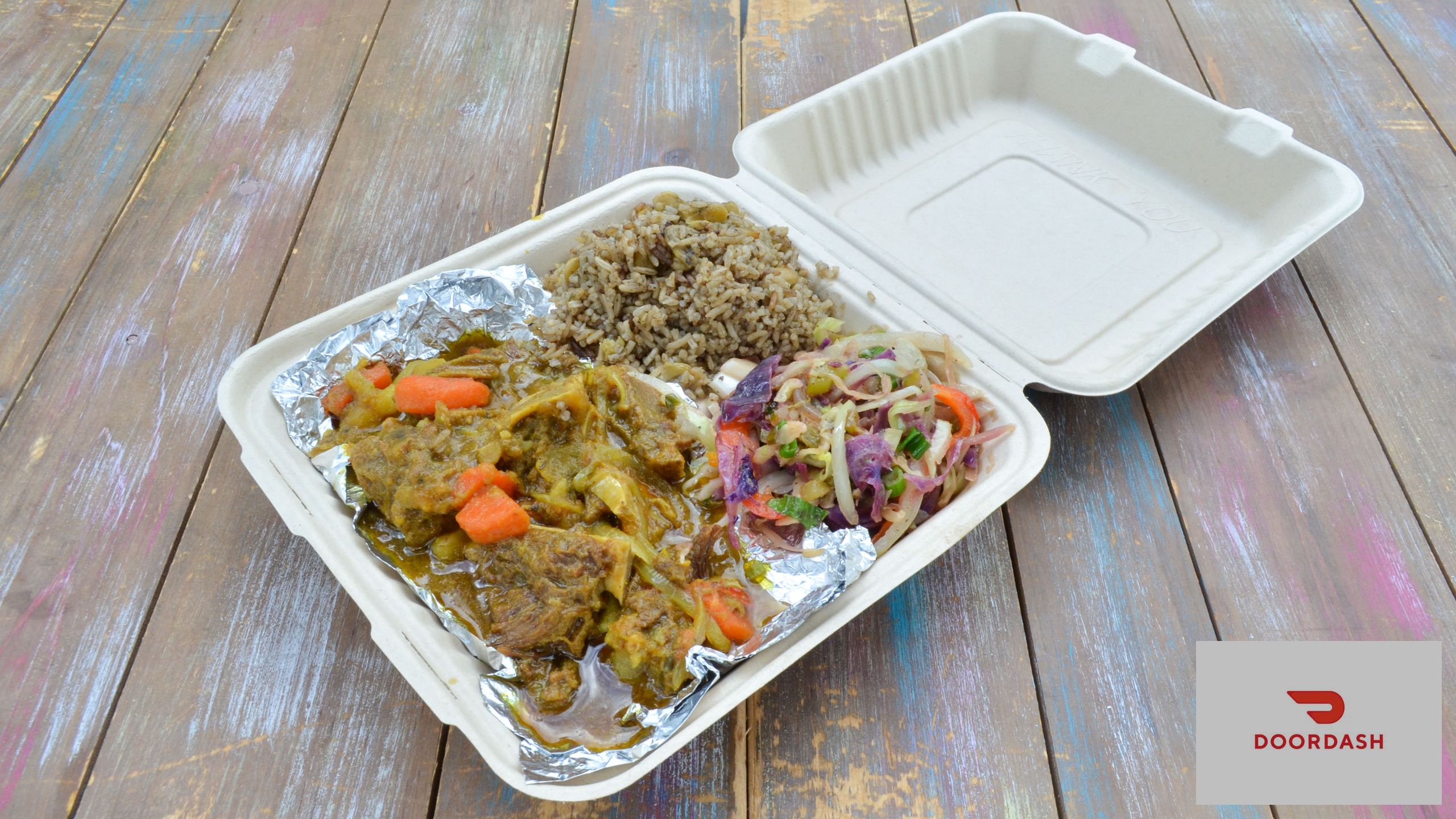 Curry Goat, Rice & Peas with Cabbage