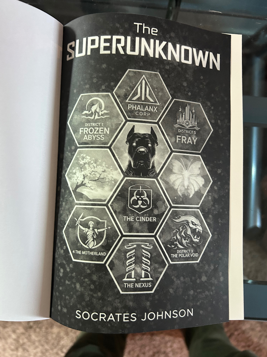 Interior faction map page of The SuperUnknowN ARC showing districts and factions including Phalanx Corp, Frozen Abyss, Fray, The Cinder, The Nexus, and The Polar Void