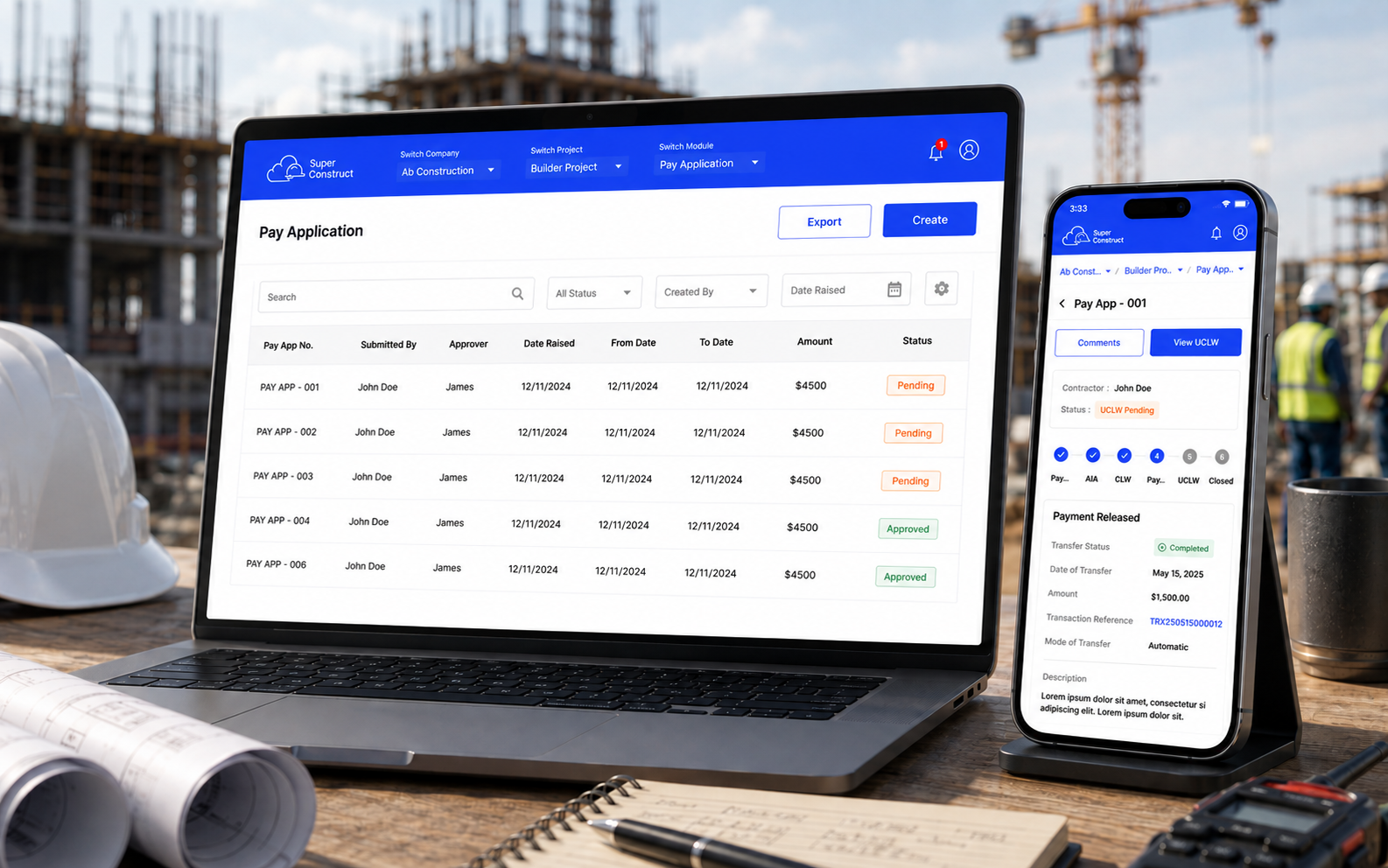 Superconstruct construction management platform dashboard