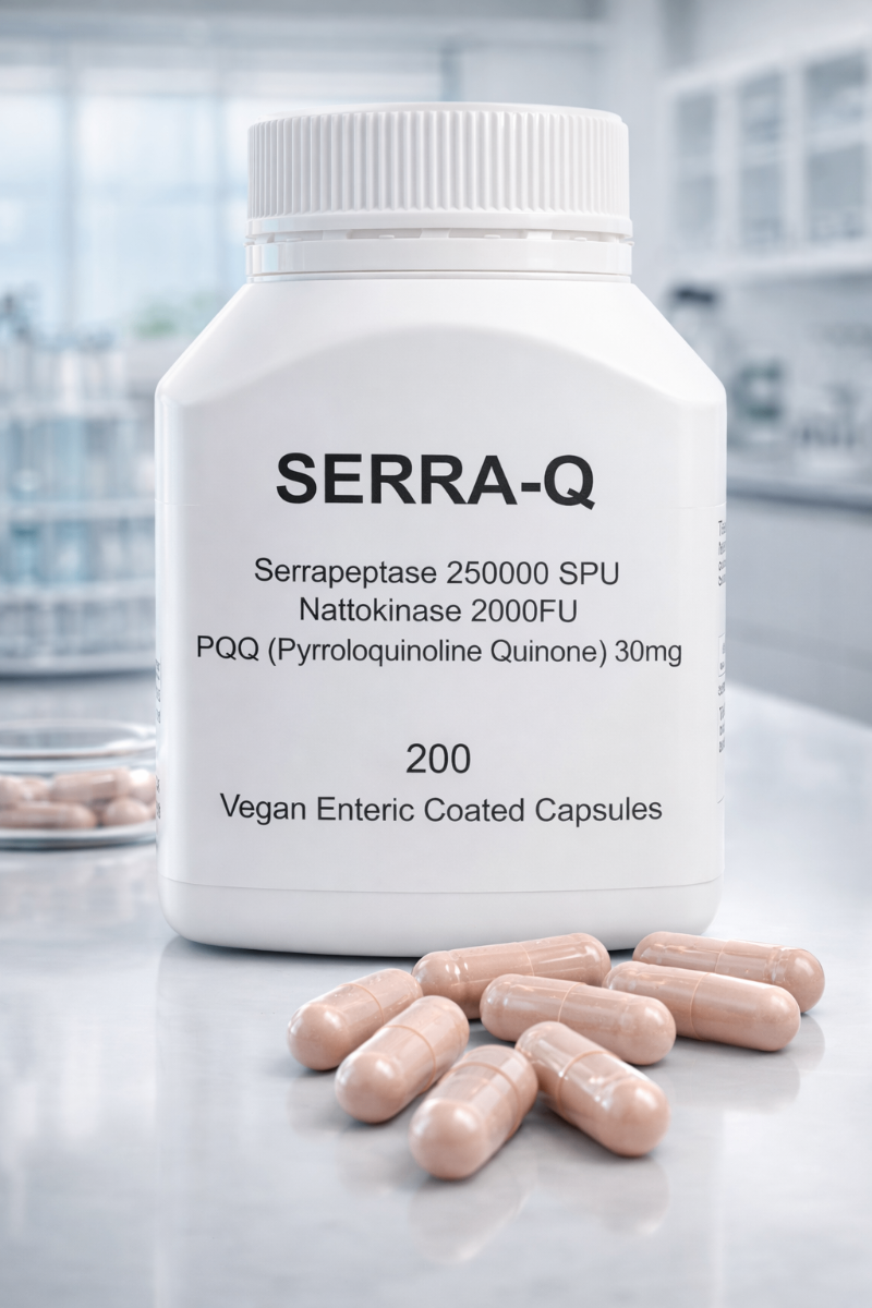 SERRA-Q bottle with Serrapeptase, Nattokinase and PQQ capsules