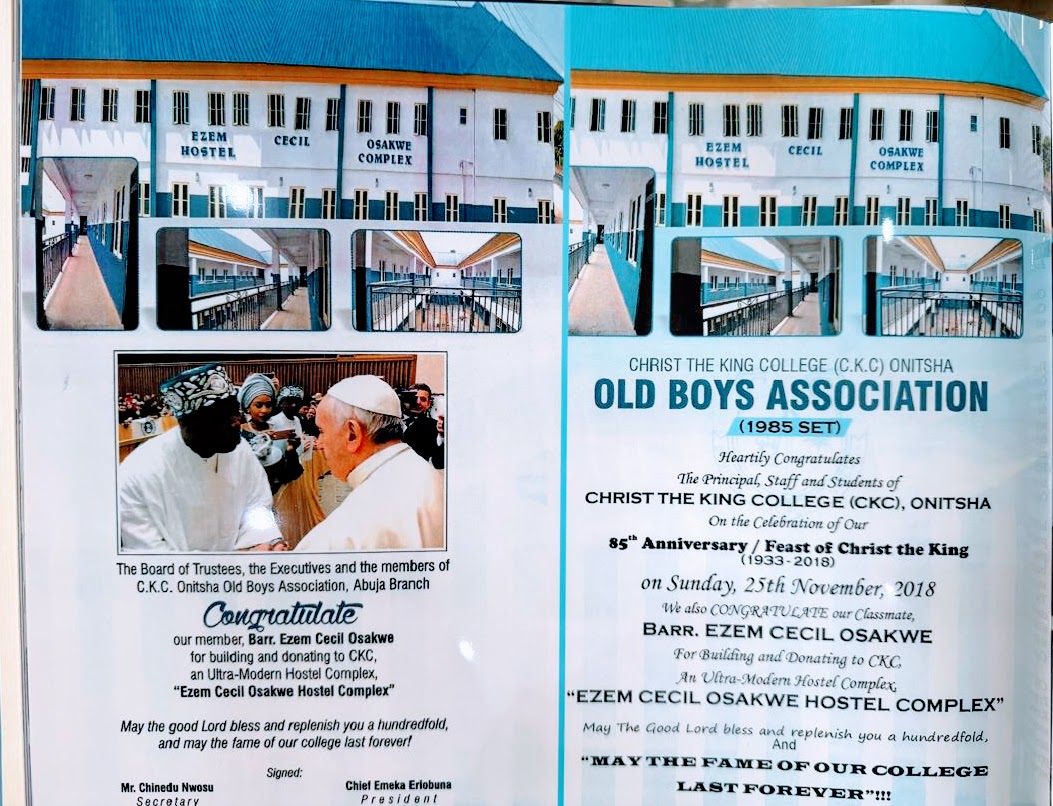 Commemorative Plaque from CKC Old Boys Association — Heartfelt congratulations from the Board of Trustees, Executives, and members of CKC Onitsha Old Boys Association, Abuja Branch, honoring Barr. Ezem Cecil Osakwe for building and donating the ultra-modern hostel complex