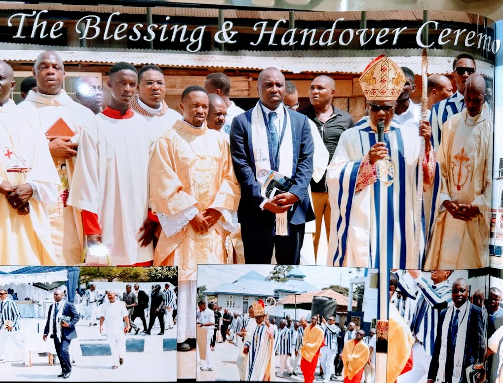 The Blessing & Handover Ceremony — Clergy, Cecil Ezem Osakwe, and Archbishop Valerian Okeke gathered during the formal blessing and handover of the hostel at Christ the King College, Onitsha