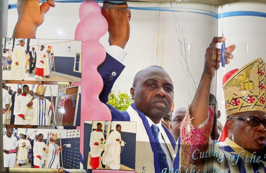 Cutting of the Tape and the Blessing — Cecil Ezem Osakwe and Archbishop Valerian Okeke at the ribbon-cutting and blessing ceremony of the hostel at Christ the King College, Onitsha