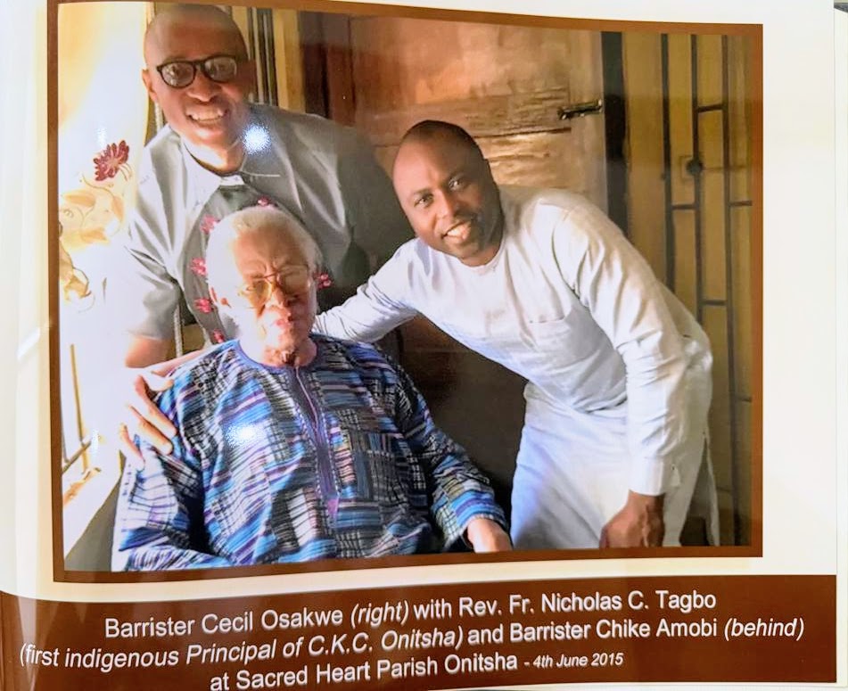 Barrister Cecil Osakwe (right) with Rev. Fr. Nicholas C. Tagbo (first indigenous Principal of C.K.C. Onitsha) and Barrister Chike Amobi (behind) at Sacred Heart Parish Onitsha — 4th June 2015