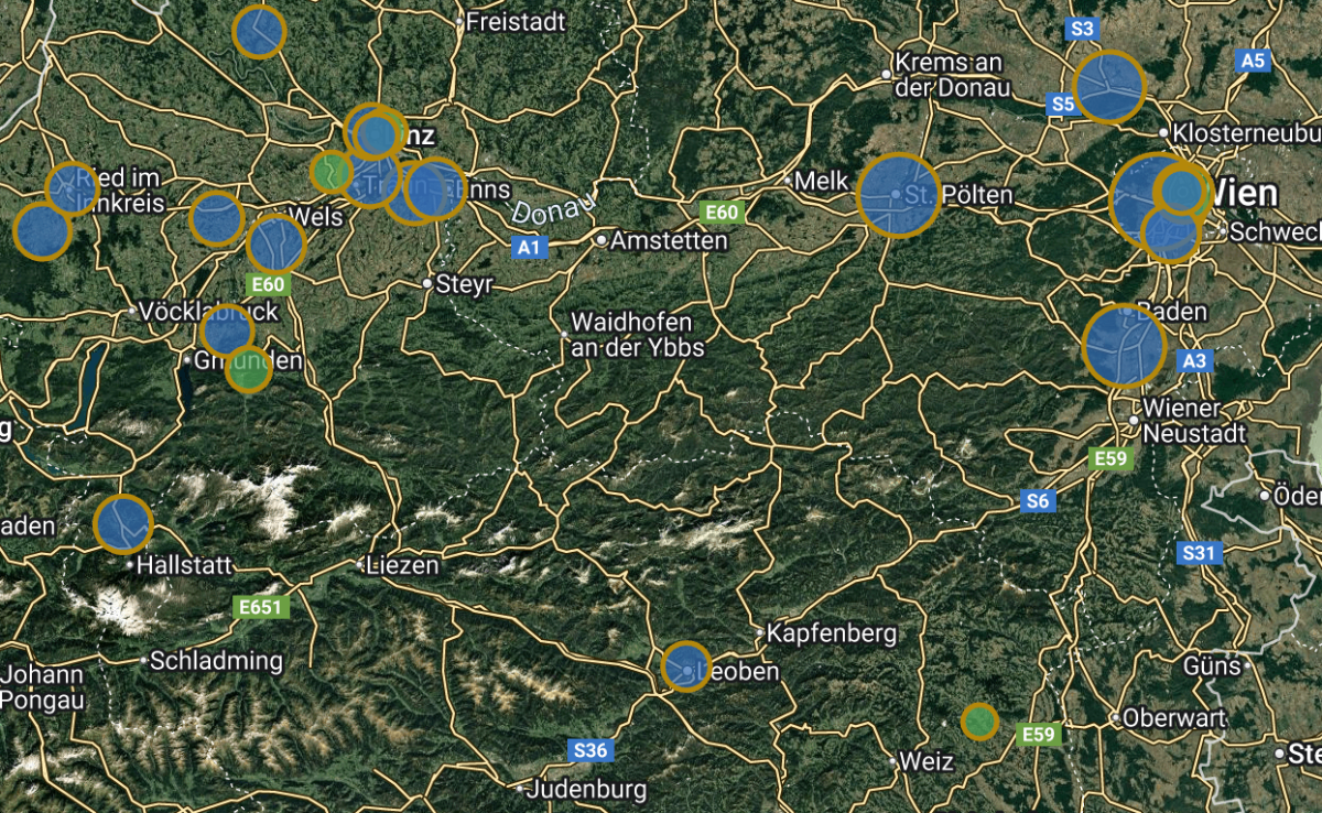 SELLSATION Geomarketing – Satellitenansicht mit Verkaufsgebieten Österreich