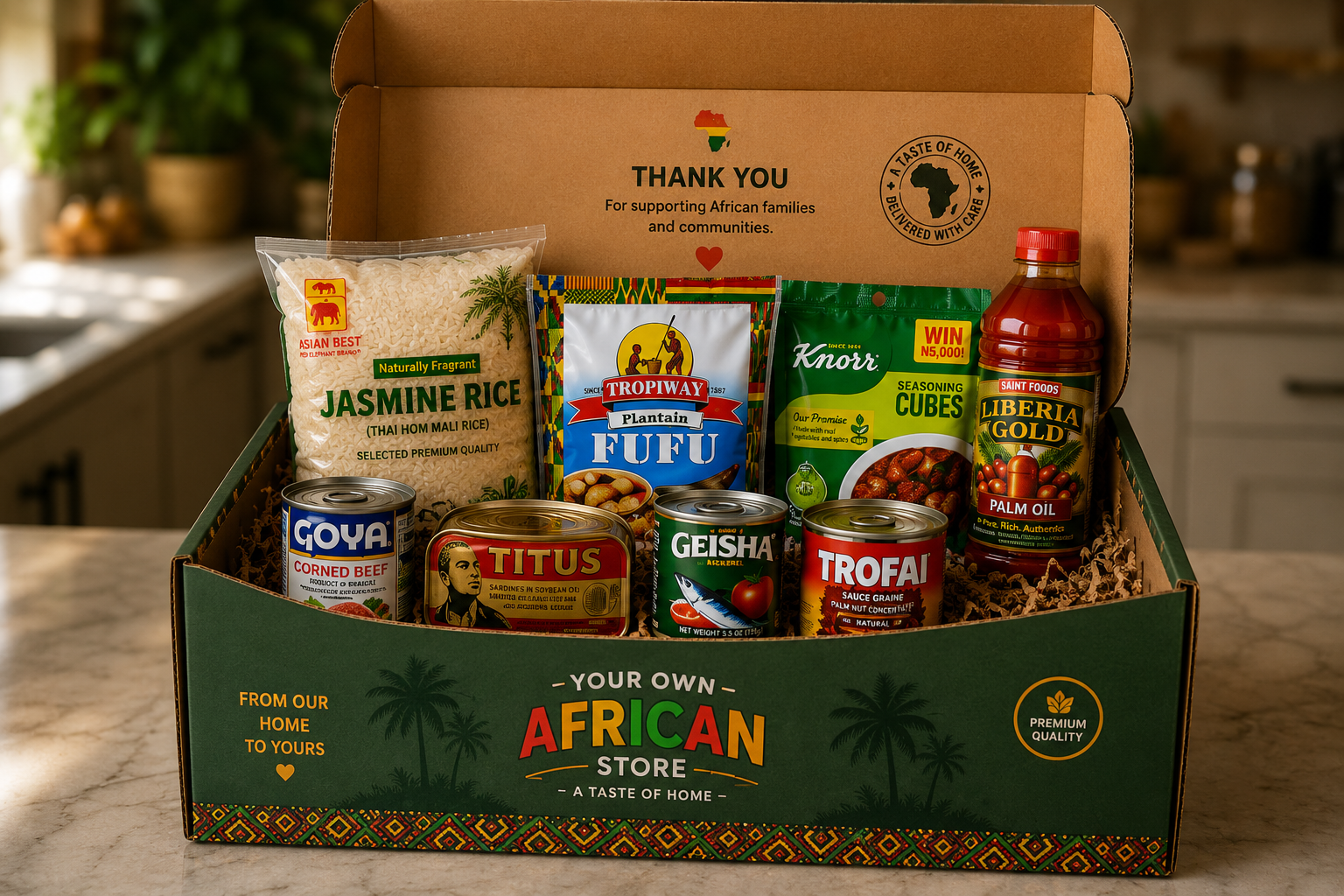 Your Own African Store premium subscription box filled with authentic African groceries