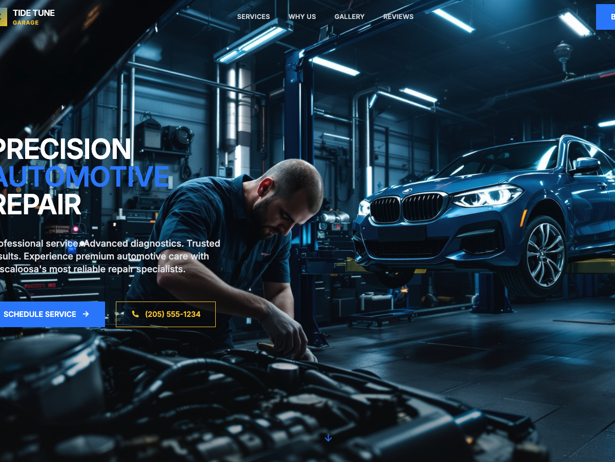 Tide Tune Garage - Professional web design by ExpandLabs Tuscaloosa web design agency showcasing modern mobile-friendly website for local Alabama business