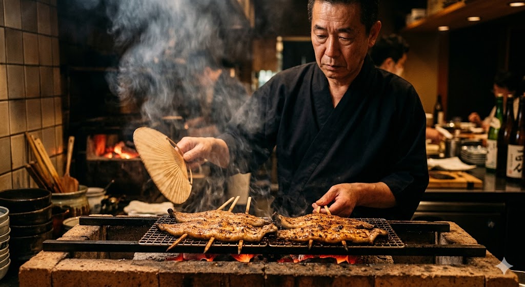 職人によるうなぎの炭火焼き