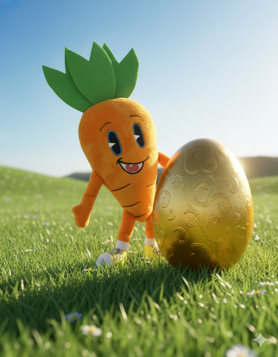 The Carrot On The Case plush toy with golden Easter egg on a sunny spring meadow