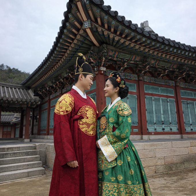 Traditional Korean Hanbok displayed in Insadong-style lane
