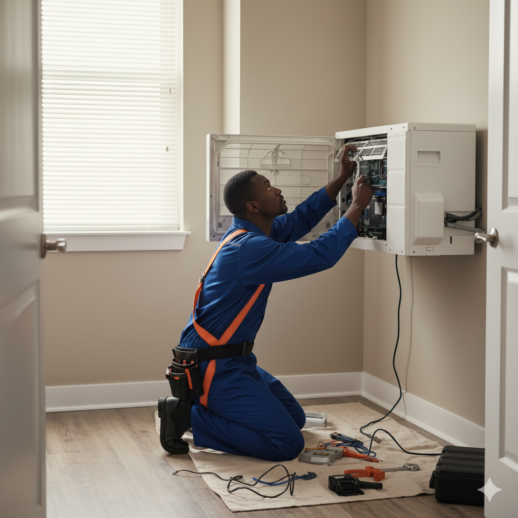 Professional HVAC technician fixing AC unit