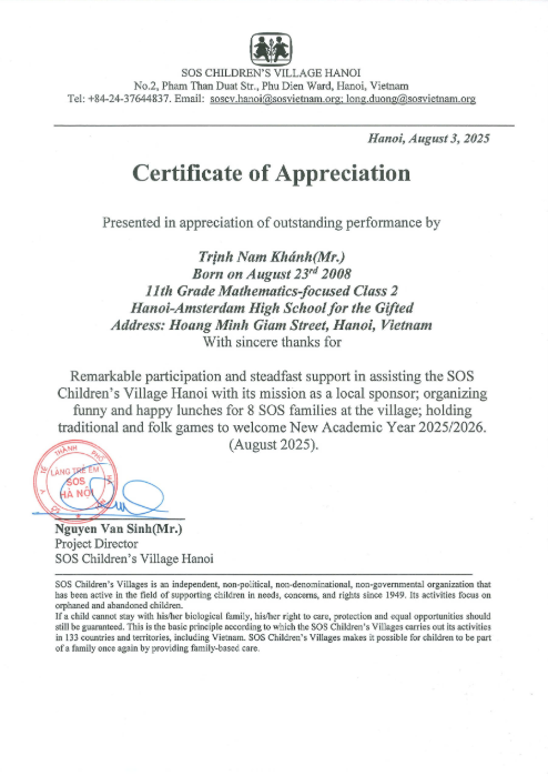 SOS Children's Villages Hanoi Certificate of Appreciation