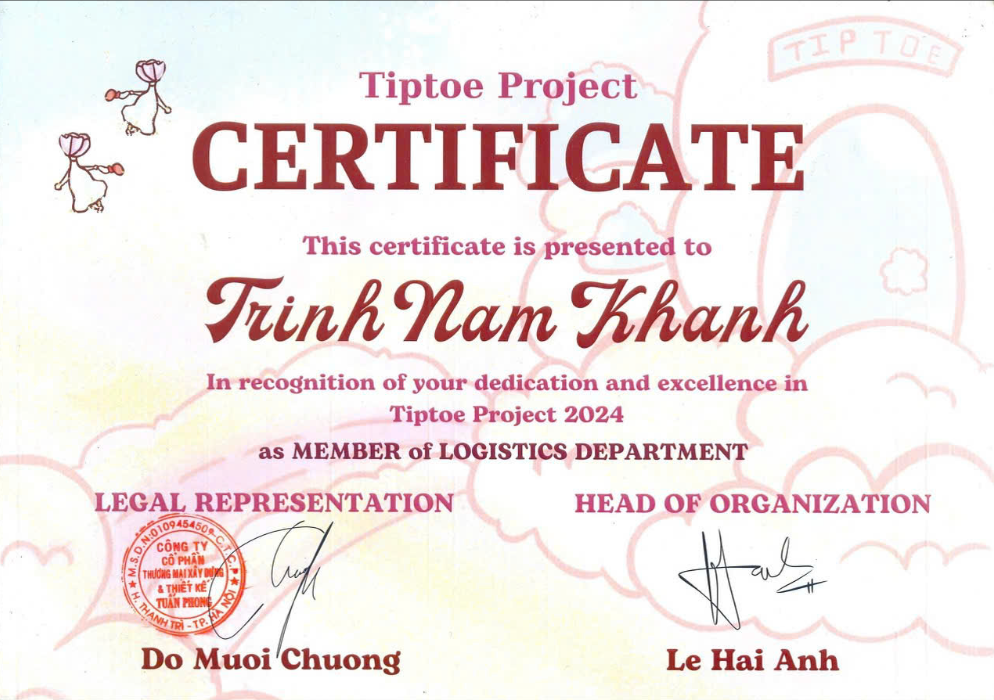 Tiptoe Project 2024 Certificate