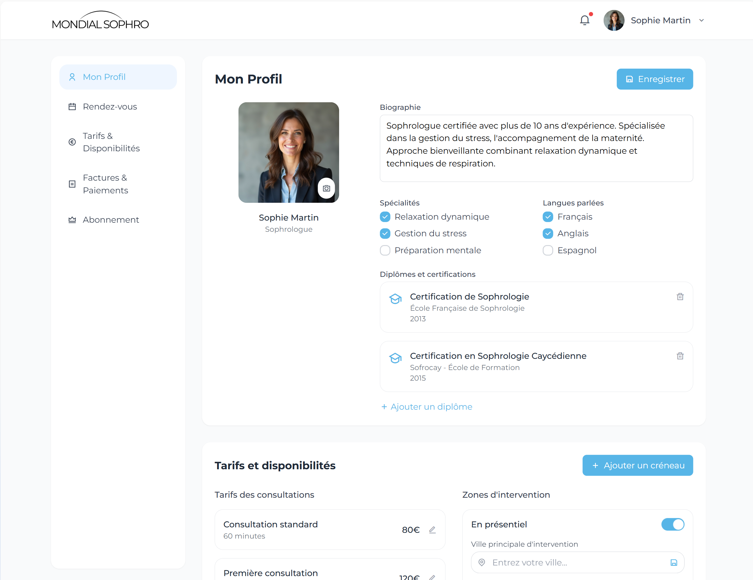 Profil professionnel MONDIAL SOPHRO