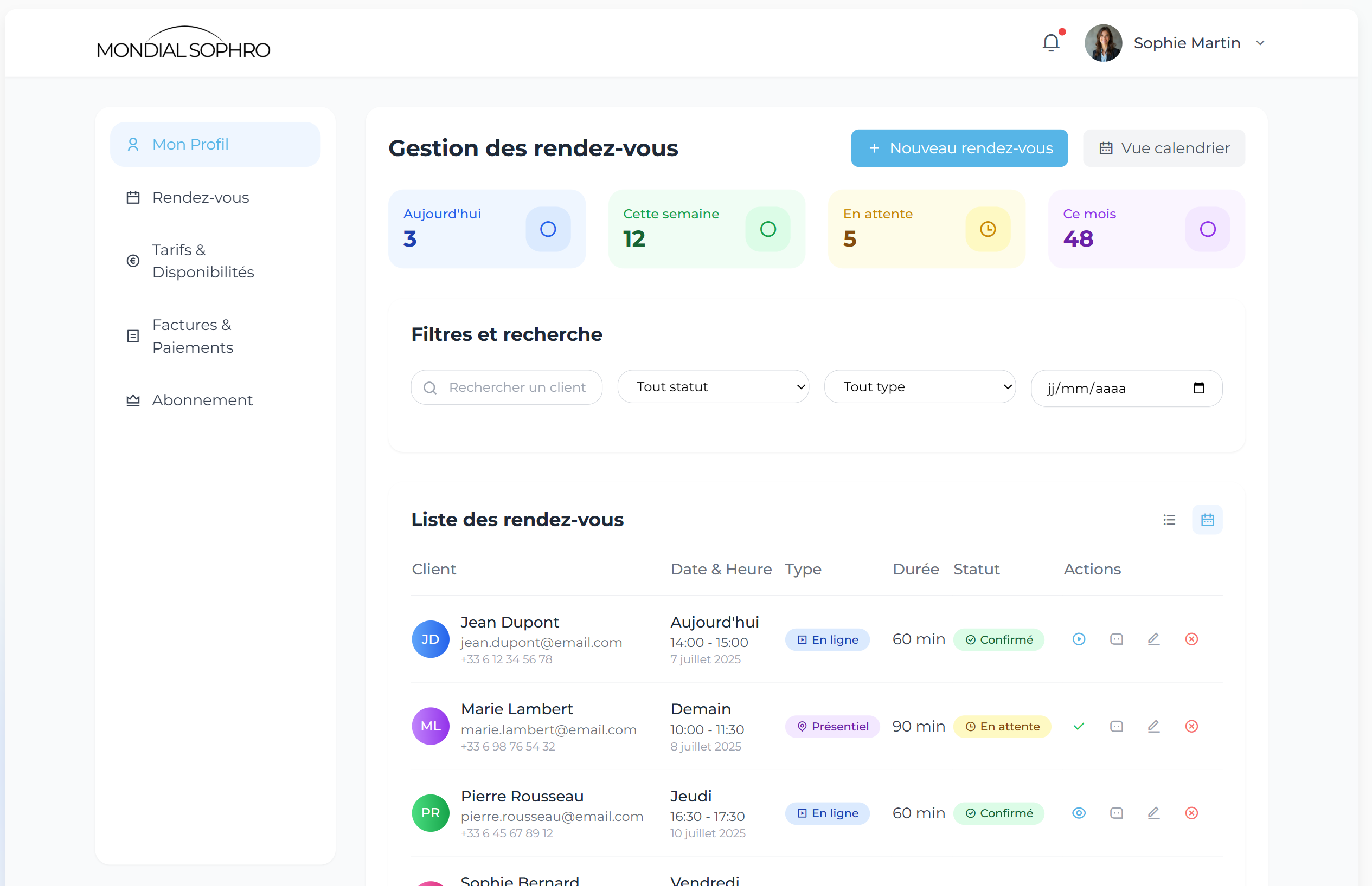 Gestion des rendez-vous MONDIAL SOPHRO