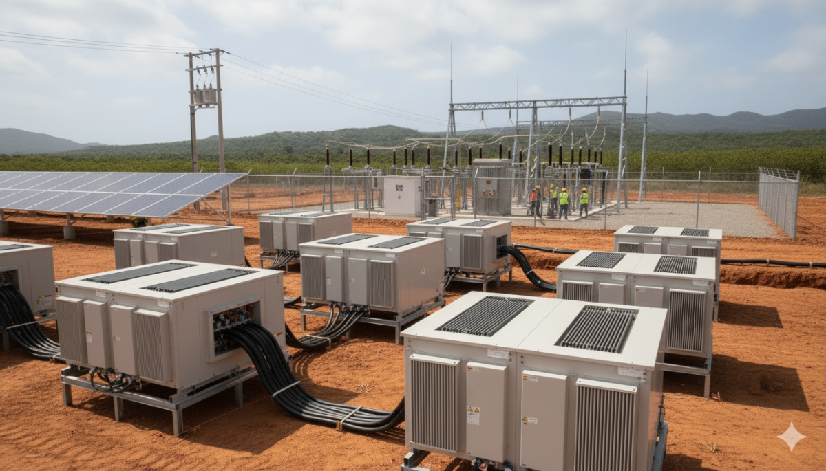 Electrical infrastructure with inverter stations and substation equipment