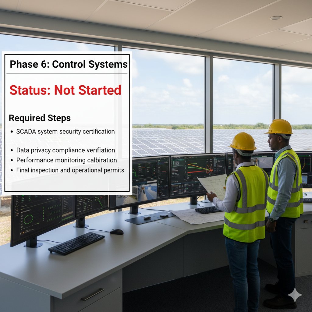 Control room with monitoring systems and engineers overseeing solar farm operations