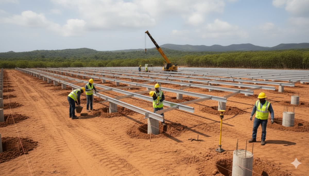 Solar panel mounting structure installation with construction crew