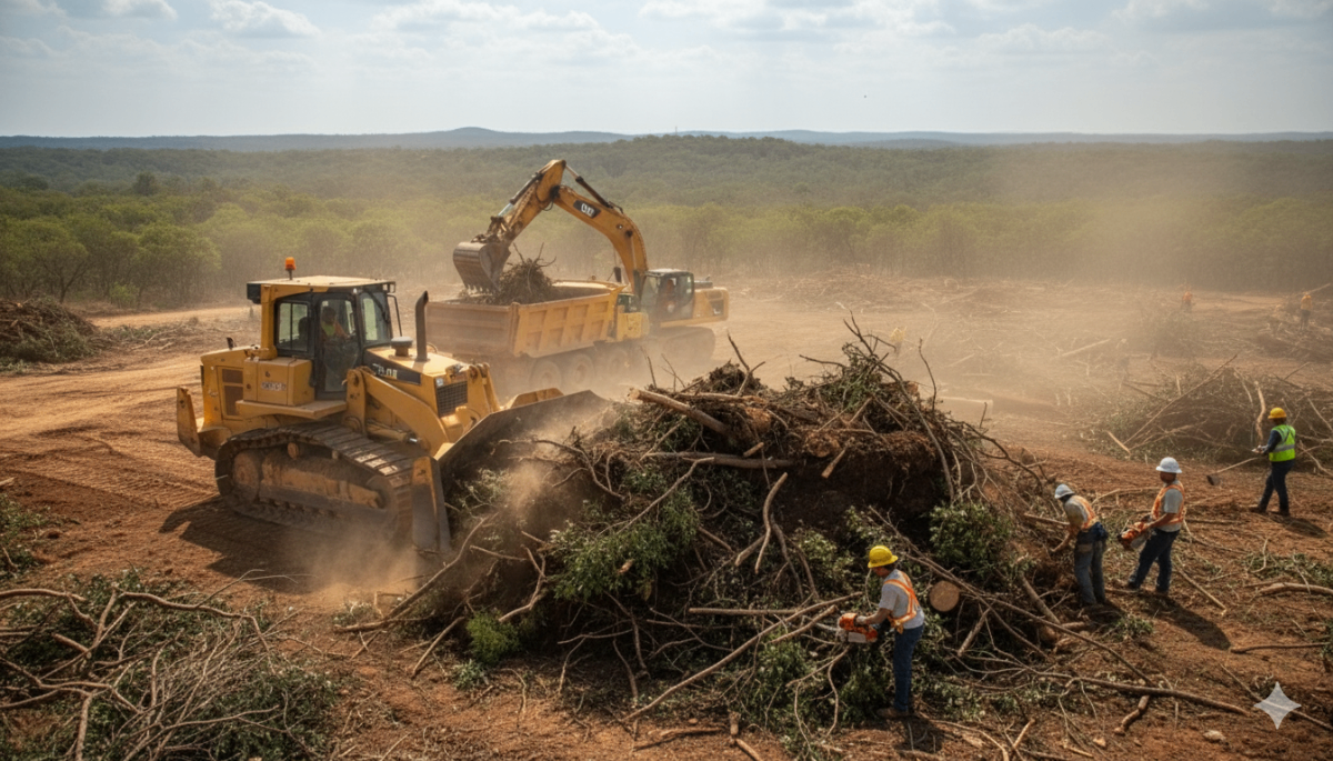 Site preparation activities with heavy machinery clearing land