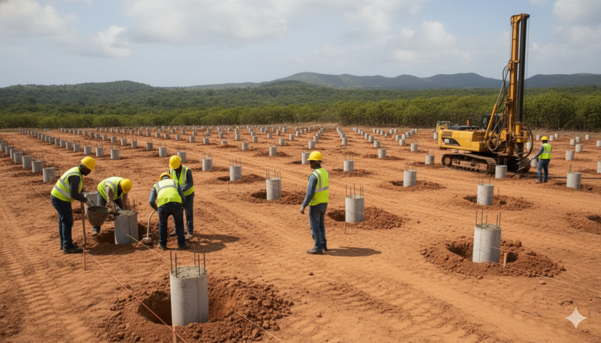 Foundation installation with concrete pillars and construction crew