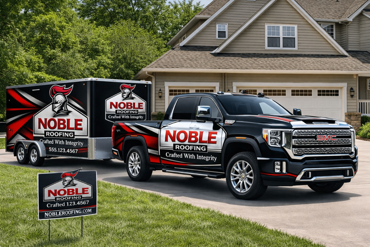Noble Roofing Company branded truck and trailer - Professional roofing services in Owensboro KY