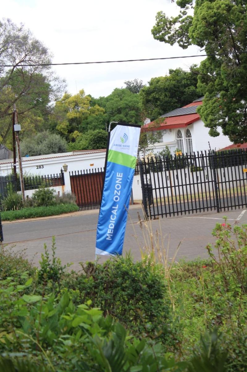 Arise & Shine Medical Ozone banner at the centre entrance