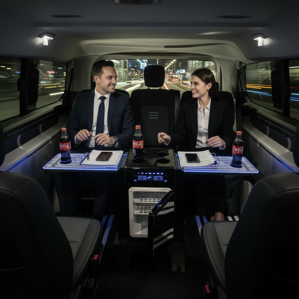 Business executives travelling in Ford Executive Ford Minibus at night