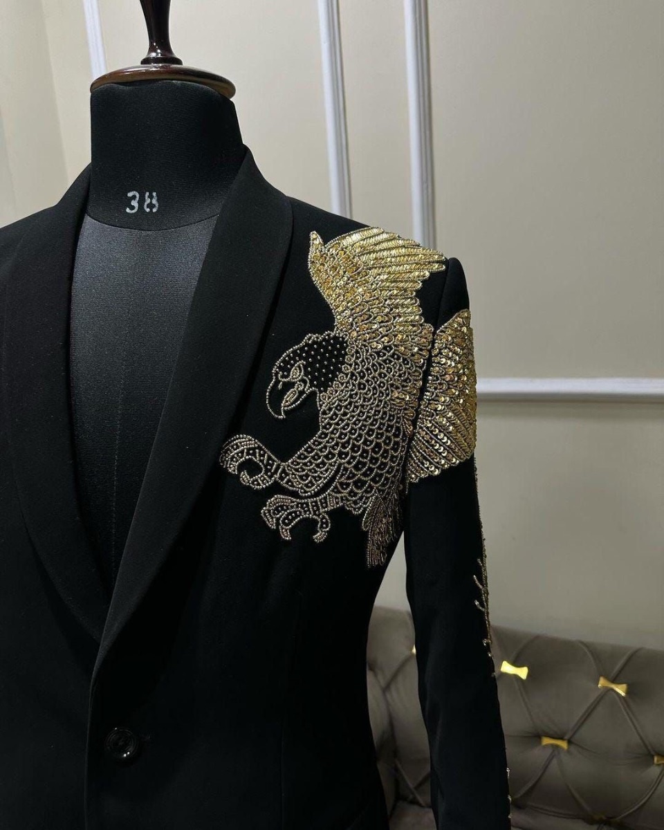 Royal Phoenix - Original Highest Quality - Luxury black suit with intricate gold phoenix embroidery and beadwork details