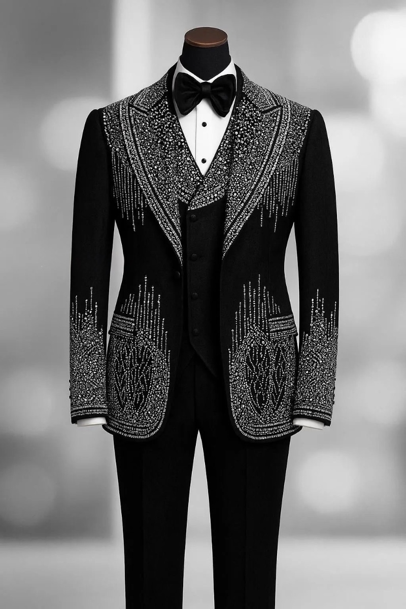 Midnight Sovereign - Original Highest Quality - Exquisite black tuxedo with silver crystal embellishments and luxury craftsmanship
