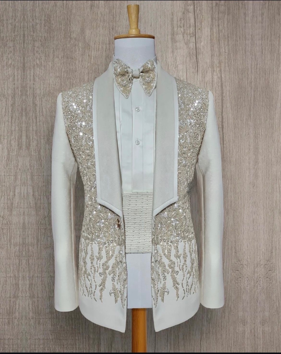 Summer Linen Elegance - Exquisite ivory suit with intricate gold and silver embellishments