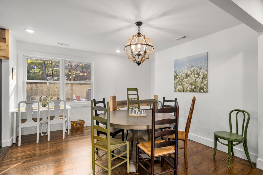 Mountain retreat dining area with family table