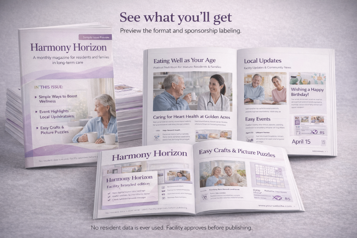 Harmony Horizon magazine preview showing cover and inside pages with local updates and sponsored content