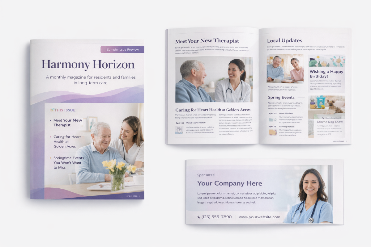 Harmony Horizon magazine sample issue showing cover with spring activities, inside pages with local updates, community news, therapist features, and sponsored content sections