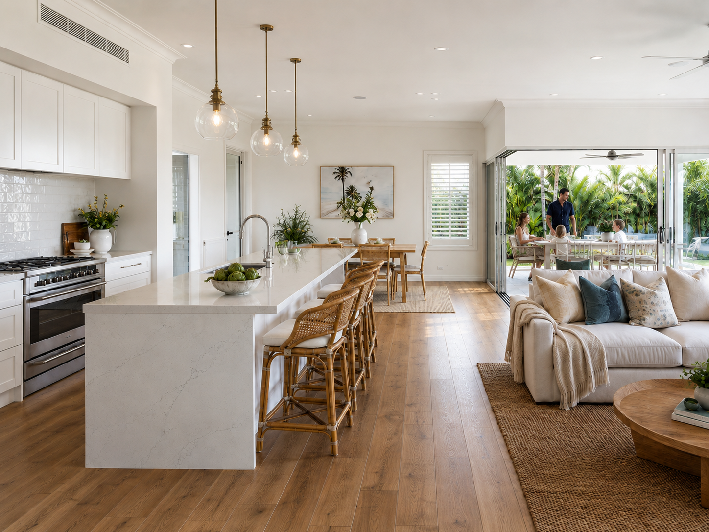Hamptons open-plan living interior with kitchen, dining and outdoor family lifestyle
