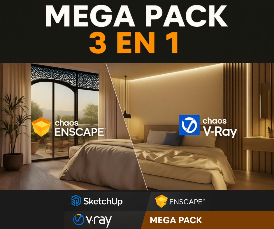 Mega pack de 3 en 1. SketchUp + V-Ray + Enscape de CERO a Experto