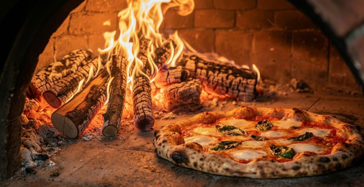 Traditional Neapolitan pizza in wood-fired oven with golden flames