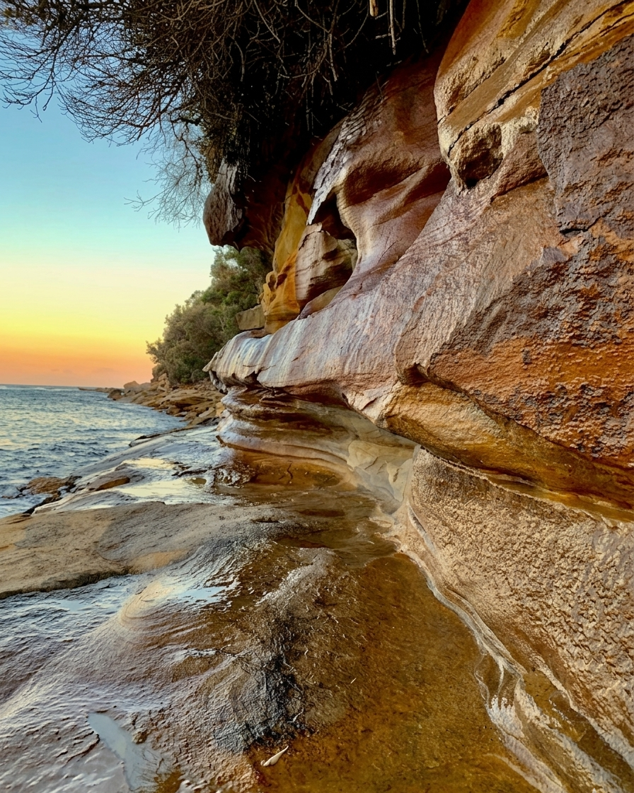 Australian sandstone coastline at sunset — connecting with Country
