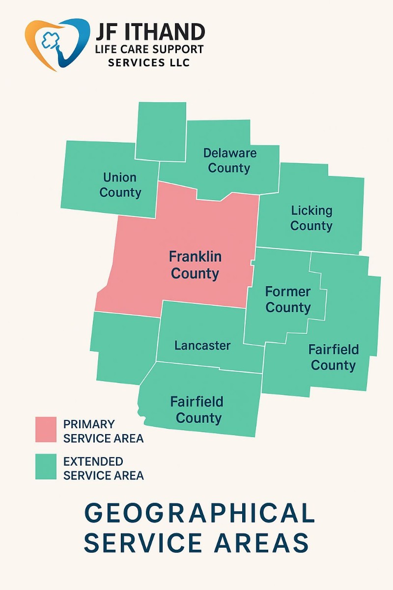 JF Ithand Life Care Service Areas Map - Franklin County Primary Service Area and Extended Service Areas including Union County, Delaware County, Licking County, Fairfield County, Lancaster, and Former County