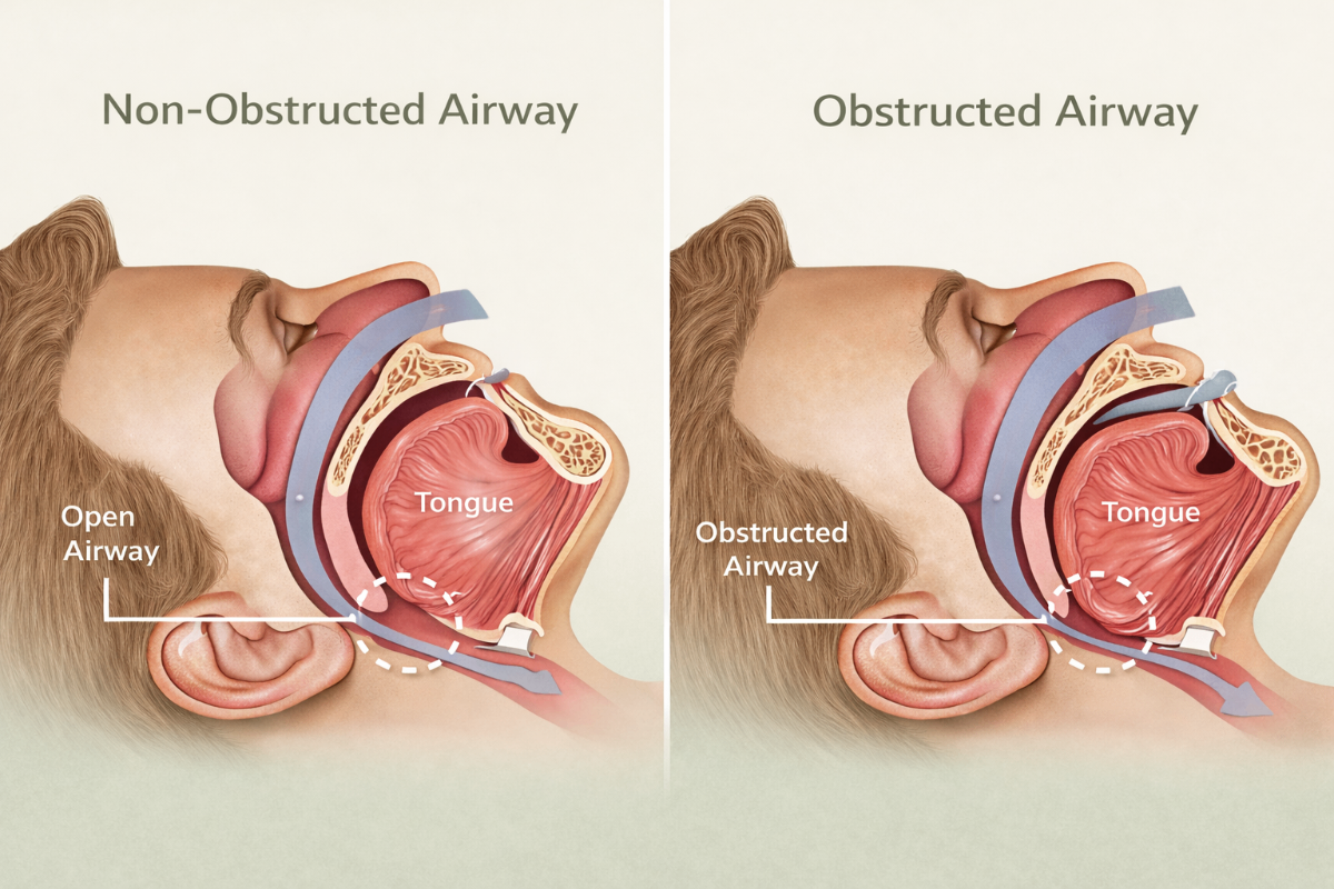 Medical comparison diagram showing normal open airway versus obstructed collapsed airway during obstructive sleep apnoea