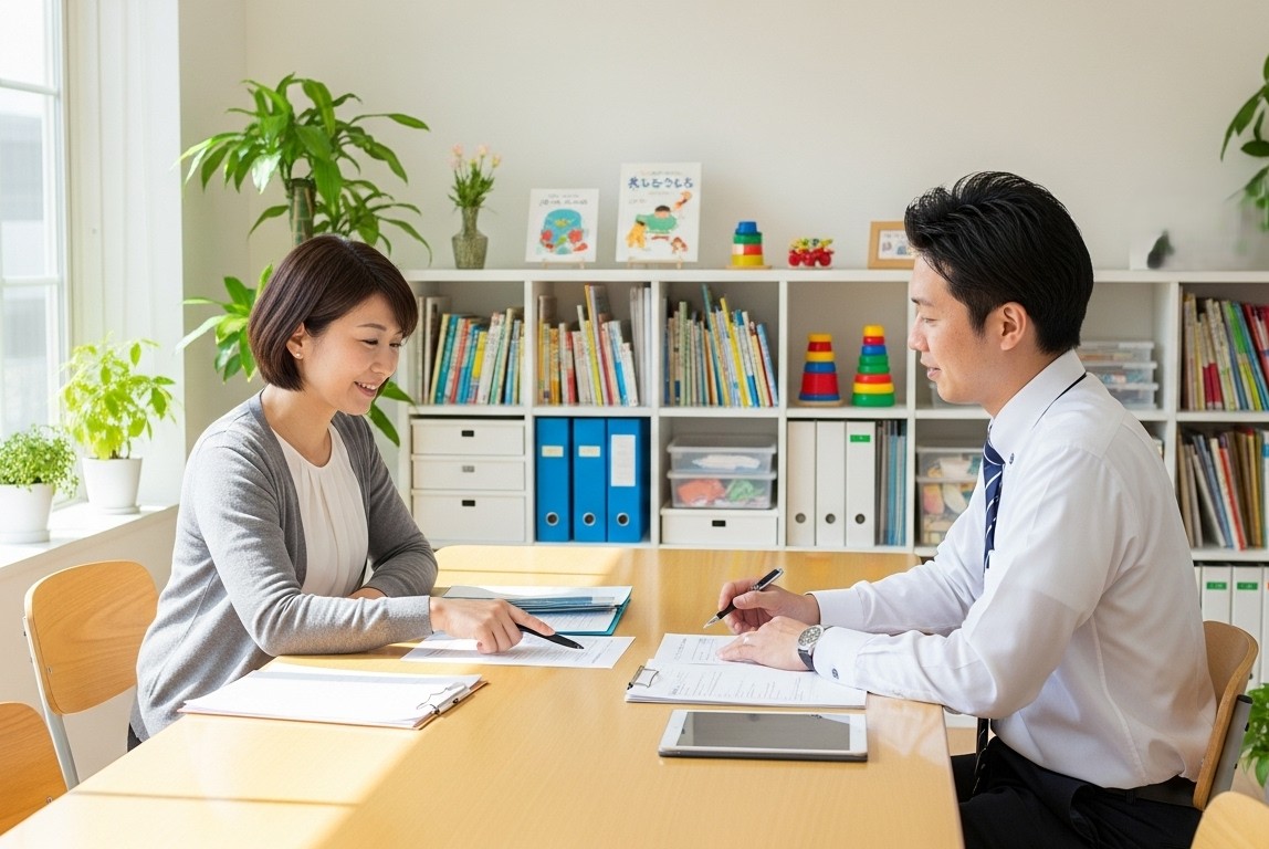 園長が書類を見ながら職員と話す日本の園の写真