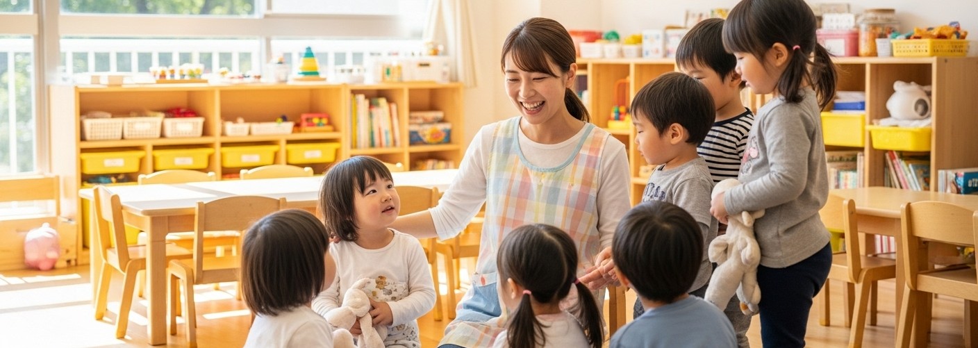 新しく入った先生が子どもと笑顔で関わる日本の園写真