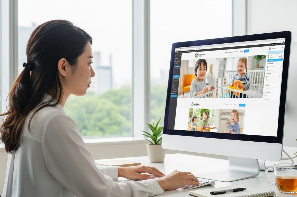 制作中の画面や、採用ページを見ている日本の保育士の写真